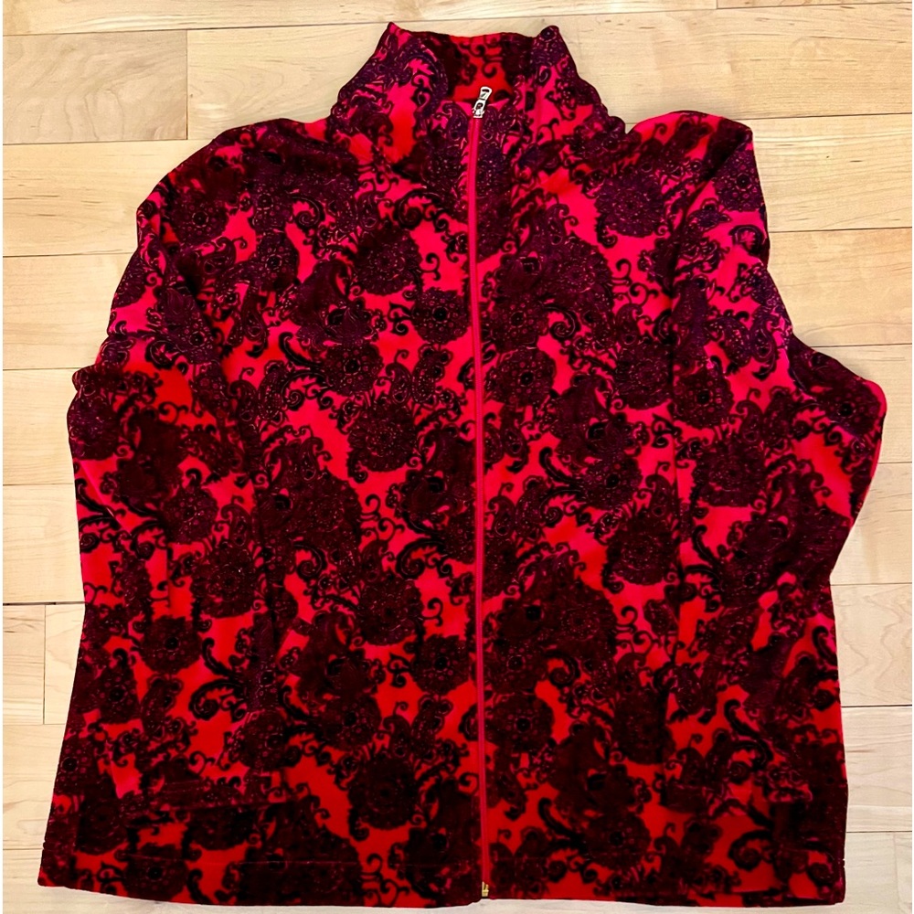 KIM ROGERS CURVY Velour Floral Scroll Red & Black Zip Jacket 2 pockets Sz 1X EUC